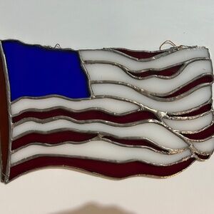 Vintage Handmade Stained Glass American Flag Sun Catcher 9" x 6"